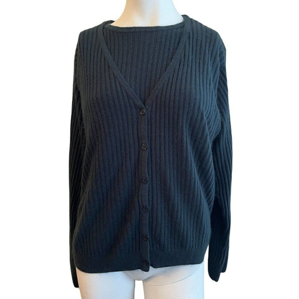 Vtg Women's Large Navy Blue Sweater With Attached Cardigan Sarah Bentley